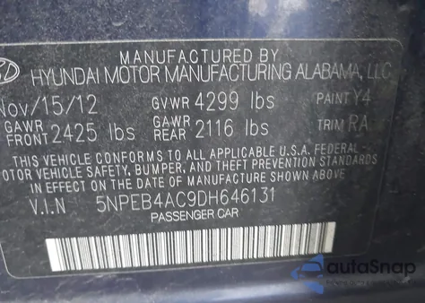 2013 Hyundai Sonata Gls z USA, uszkodzony, nr VIN 5NPEB4AC9DH646131